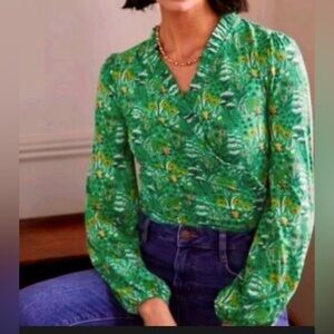 BODEN Blouse US 12 UK16 Grace Floral Faux Wrap Ruffled Collar Bodice Stretch EUC
